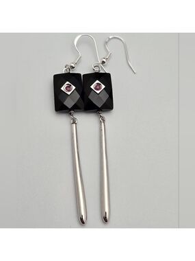 Sterling Silver Black Onyx Dangle Earrings Pink Accent 3"